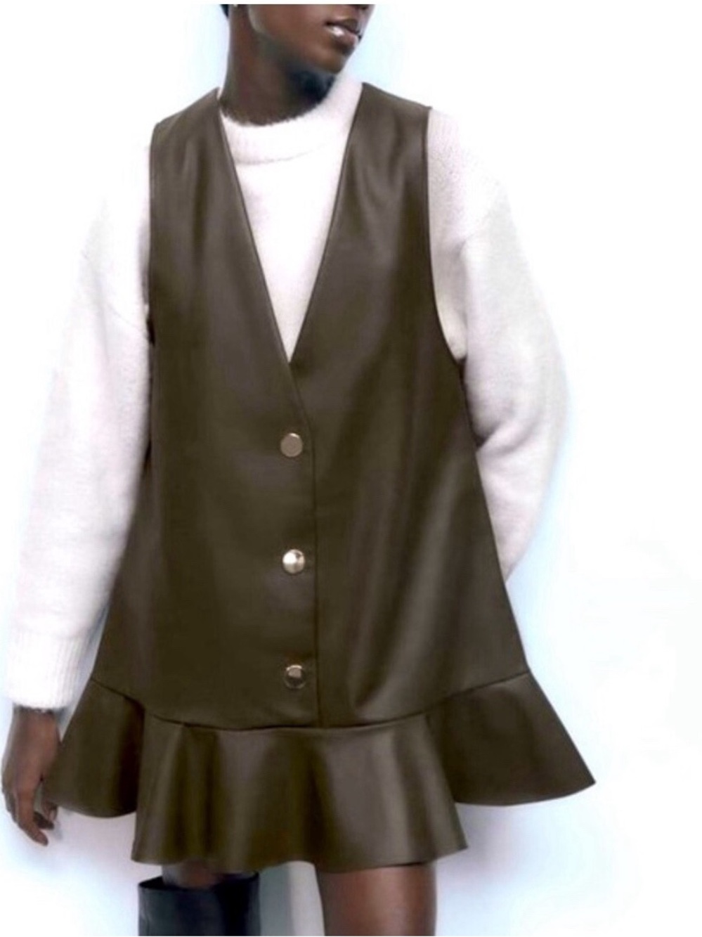 Olive green  Faux Leather Ruffle Hem Vest Dress